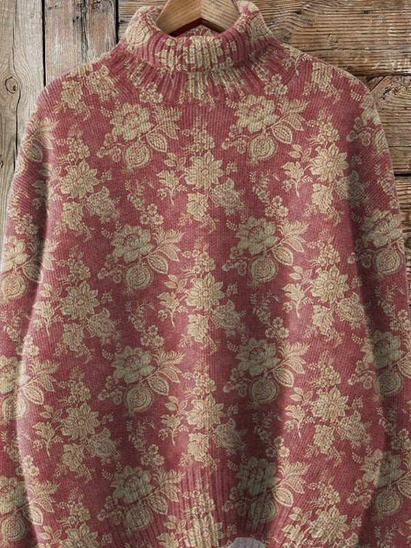Róża | Sweter z wysokim kołnierzem w retro różany wzór