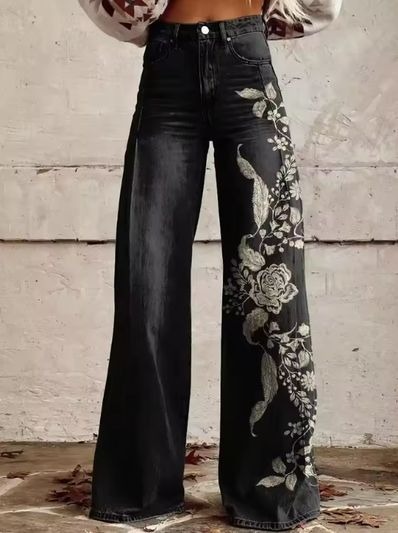 ECSLISSI | VINTAGE SCHWARZE BLUMEN ELEGANTE HOSE