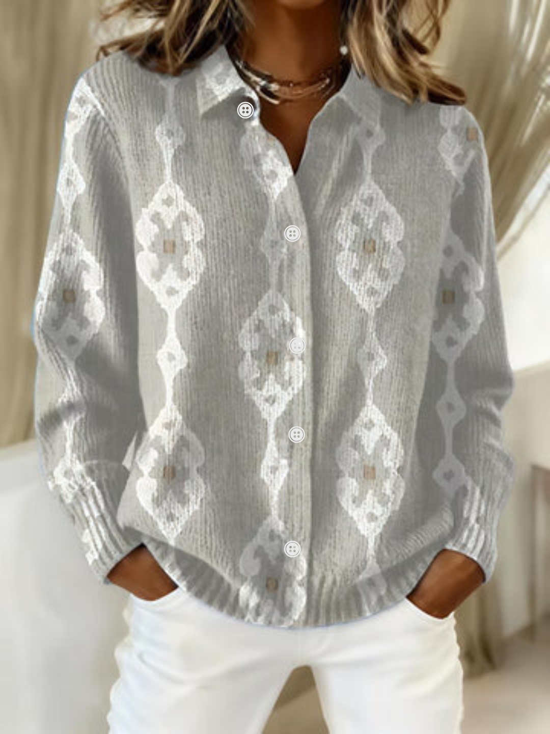 Renee | Sweter Kardigan z Wzorem Diamentowym