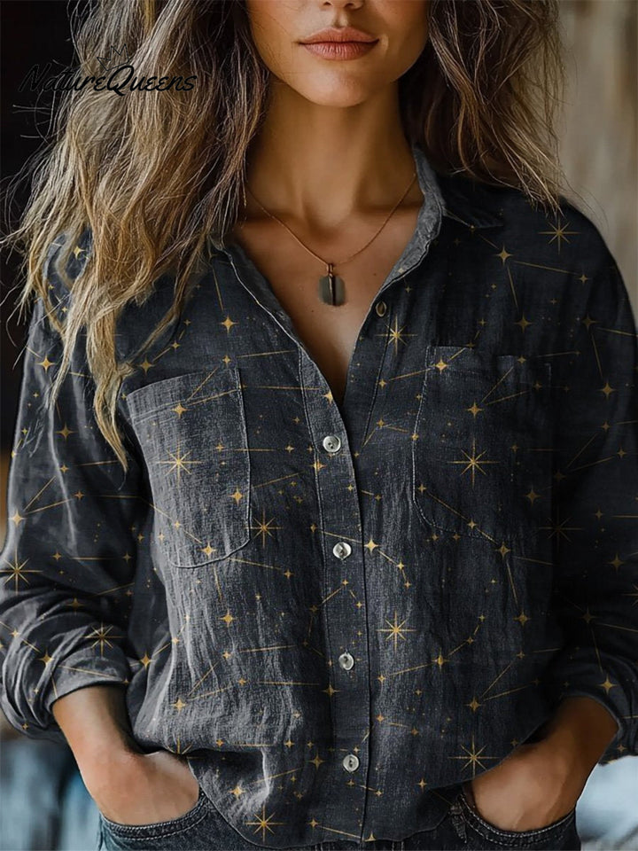Damen-Langarmshirt mit Nachthimmel- und Sternenmuster, bequem, aus Baumwolle