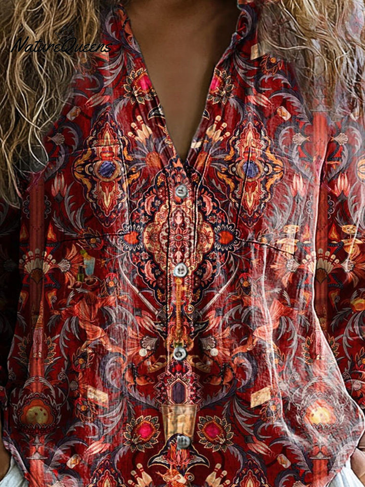 Damen-Vintage-Bluse mit charmantem Blumenmuster, lässig, Langarm, aus bequemer Baumwolle