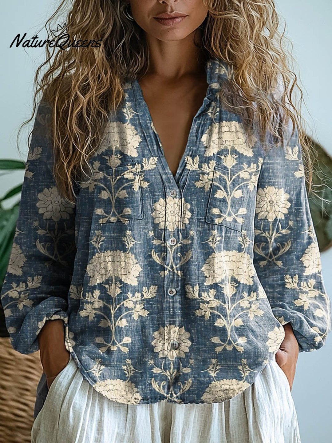 Damen Vintage T-Shirt mit wunderschönem Blumenmuster, lässig, langärmlig, bequem, aus Baumwolle