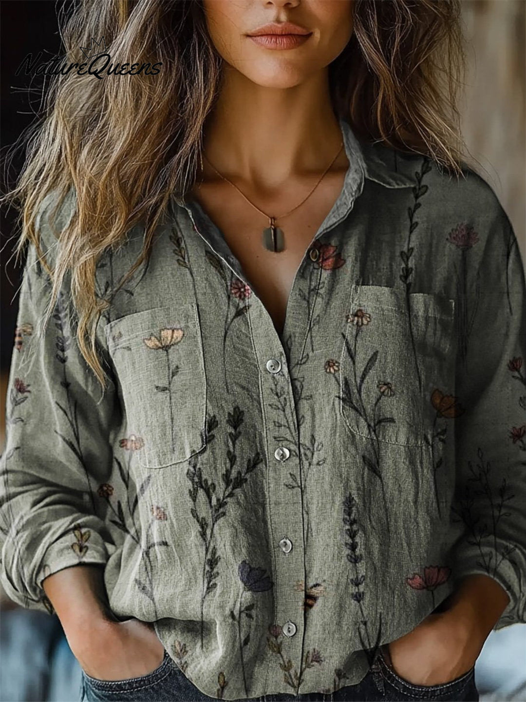 Vintage Damen Langarmhemd mit Blumenmuster