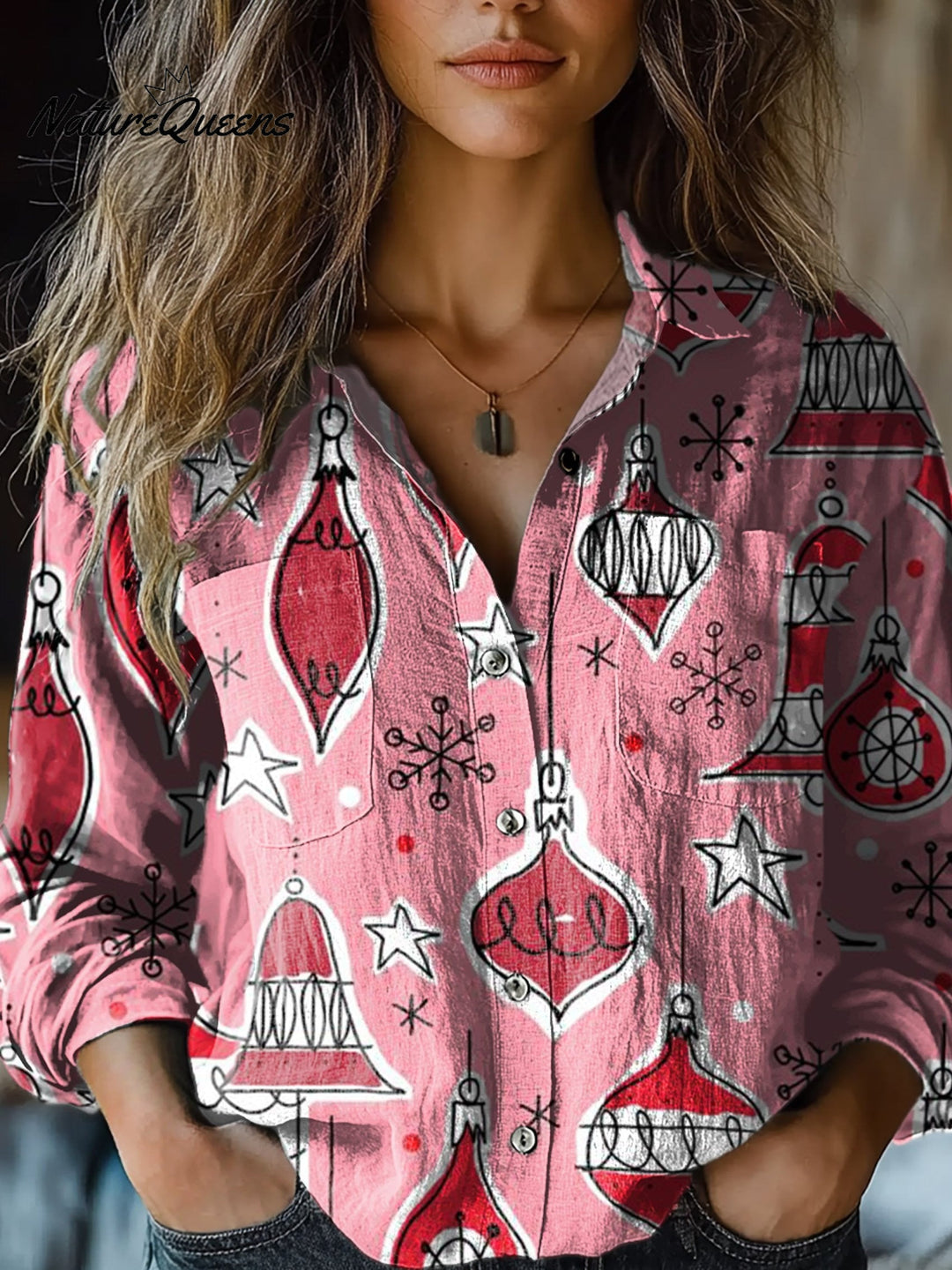 Damen-T-Shirt mit rosa Vintage-Weihnachtskunst-Print, lässig, Langarm, bequem, Baumwolle