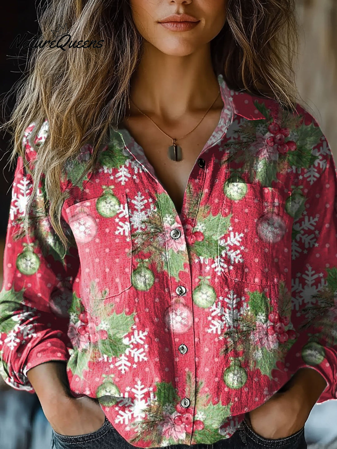 Damen Rote Weihnachtliche Schneeflocken Deko Motiv - Lässiges Langarmshirt aus Bequemer Baumwolle