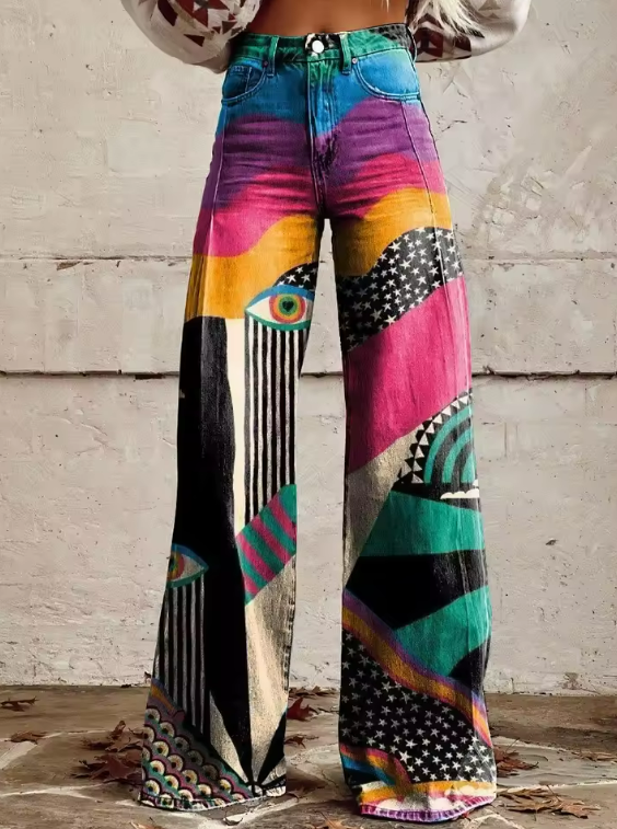 TALIA | BOHO FLARED HOSE MIT HOHEM BUND UND ARTISTISCHEM FESTIVAL-LOOK